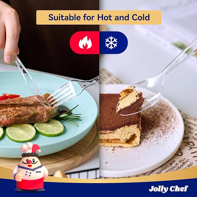 JOLLY CHEF 360 Count Heavy Duty Clear Plastic Silverware-180 Forks, 120 Spoons, 60 Knives, Heat Resistant Disposable Utensils Set, Clear Plastic Cutlery Set for Parties, Events, Everyday Use