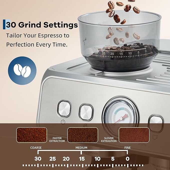 Garvee 20 Bar Pressure Stainless Steel Espresso Machine with Grinder, 2.8L Removable Water Tank, Milk Frother Steam Wand for Latte/Cappuccino - Adjustable Shot Volume, Professional Home/Office Use