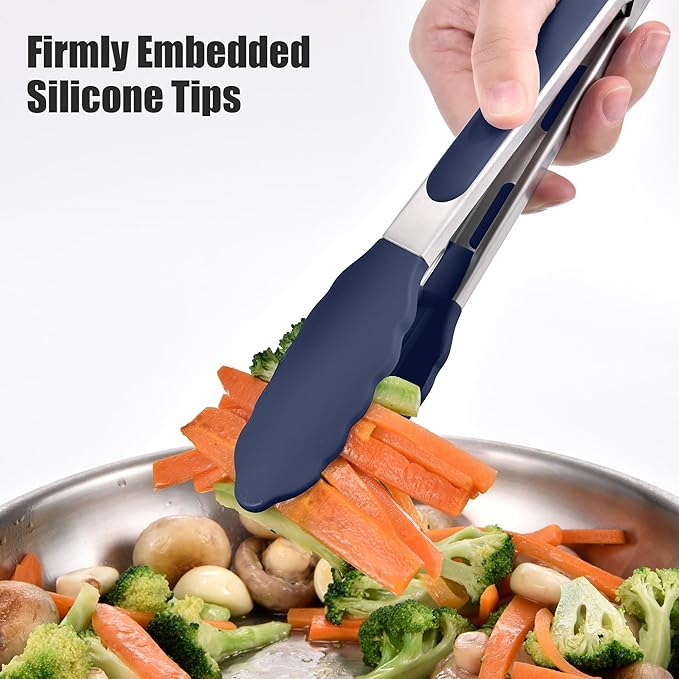 Doosu Kitchen Tongs for Cooking - 600°F Heat Resistant Food Tong Set with Non-Scratch Silicone Tips, Heavy Duty Stainless Steel Locking Tong for BBQ, Grilling Steak, Serving Salad (9+12in, Navy Blue)