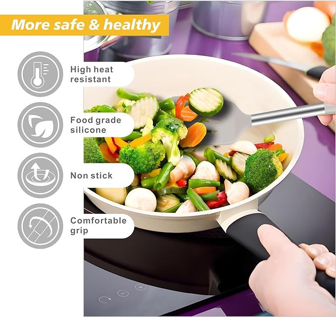 5-Piece Silicone Kitchen Tool Set, BPA-Free, Heat-Resistant, Non-Stick & Dishwasher-Safe, with Slotted/Solid Spoons & Spatulas for Frying, Mixing, Draining – Includes Multi-Purpose Serving Hook(Khaki)