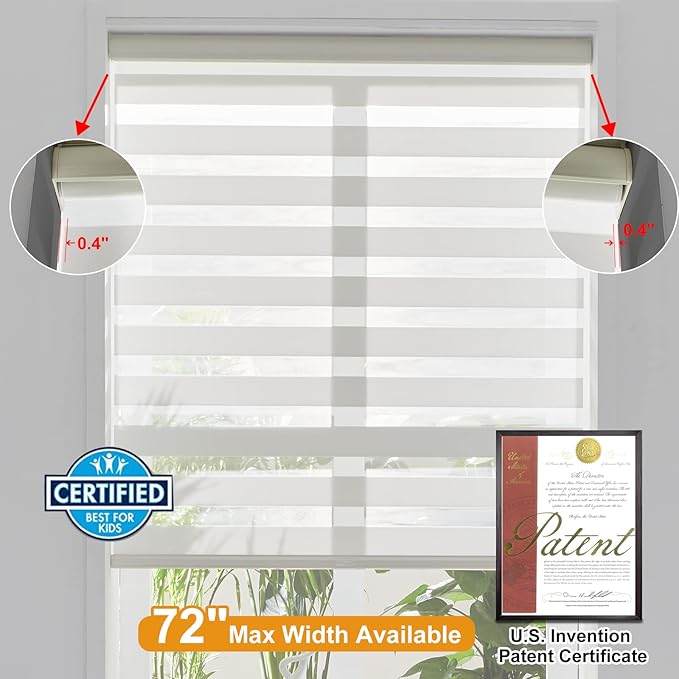 Persilux Cordless Zebra Blinds for Indoor Windows, Free-Stop Cordless, Light Filtering Sheer Shades Dual Layer for Day and Night, Roller Shades for Home (35.5" W X 64" H, Cream)
