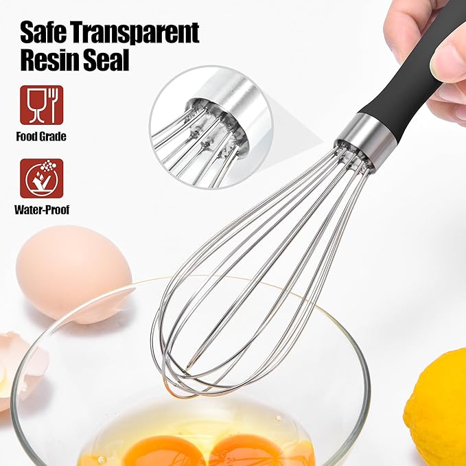 18/8 Stainless Steel Balloon Whisk, Doosu Kitchen Whisk for Cooking Handheld Egg Beater with Rust-Proof Sturdy Wires & Non-Slip Silicone Handle for Beating, Stirring, Blending (6 Wires, Black)