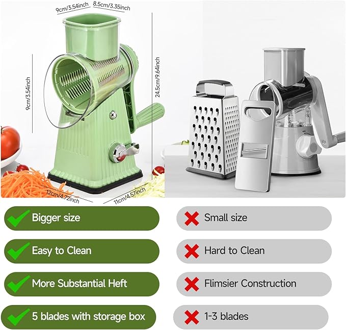 Xilrvna RotaryCheeseGrater,VegetableShredder 5 in 1 Cheese GraterwithHandleedderReinforcedSuction,EasytoClean,KitchenChopperforCrushedIce,Fruits and Nuts with Blade StorageCase（light green）