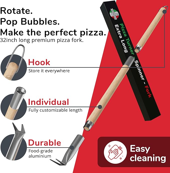 Pizza Turner Fork & Bubble Popper - Easy Pizza Rotation for Evenly Baked Crust - Adjustable Handle [26"-32”]
