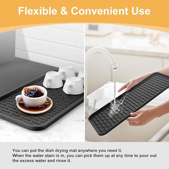 Silicone Coffee Mat, 24''x16'' Bar Mat with Detachable Dish Drying Mat - Fits Under Coffee Maker & Dish Rack