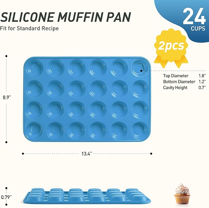 2 Pack 24 Cups Silicone Mini Muffin Pan with Metal Reinforced Frame Silicone Molds Cupcake Pans Tray Egg Bites Circle Cookie Molds Muffin Tin Tart Pans Baking Sheet Set for Breakfast Sandwiches