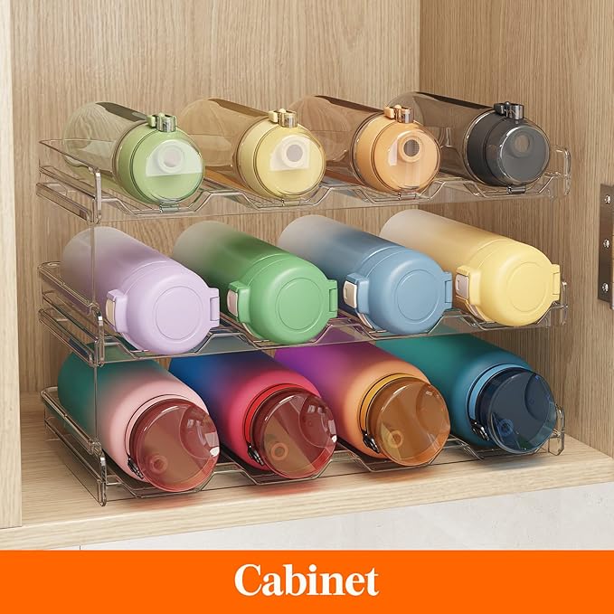 Lifewit Stackable Water Bottle Organizer for Cabinet, Plastic Bottle Holder Fits Bottles & Tumblers up to 3.8" Diameter, Pantry, Countertop & Fridge, 3 Tier Holds 12 Bottles