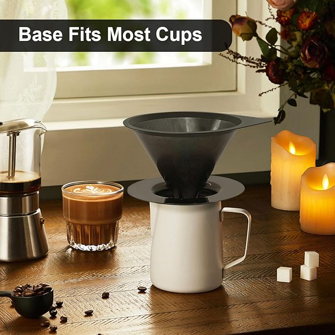 LHS Pour Over Coffee Dripper Reusable Coffee Filter Paperless Coffee Filter Stainless Steel Pour Over Coffee Maker Cone Coffee Dripper for 1-2 Cup,Black