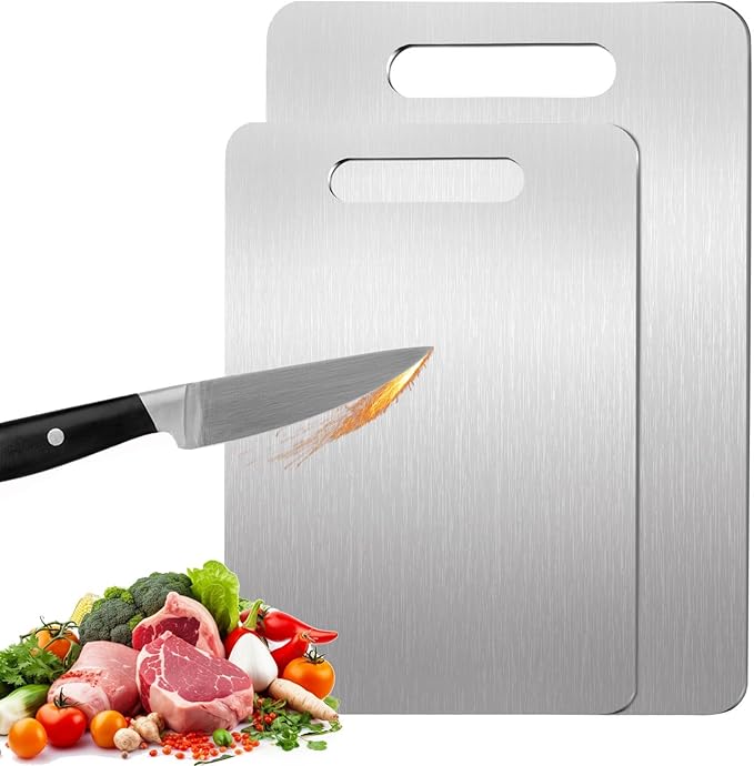 Tavano Titanium Cutting Board,100% Pure Titanium Cutting Boards for Kitchen,2026 New Non Toxic,Double-Sided Food Grade Chopping Board for Meat,Vegetable,Fruit,Outdoor Camping(M+XL-2PC)