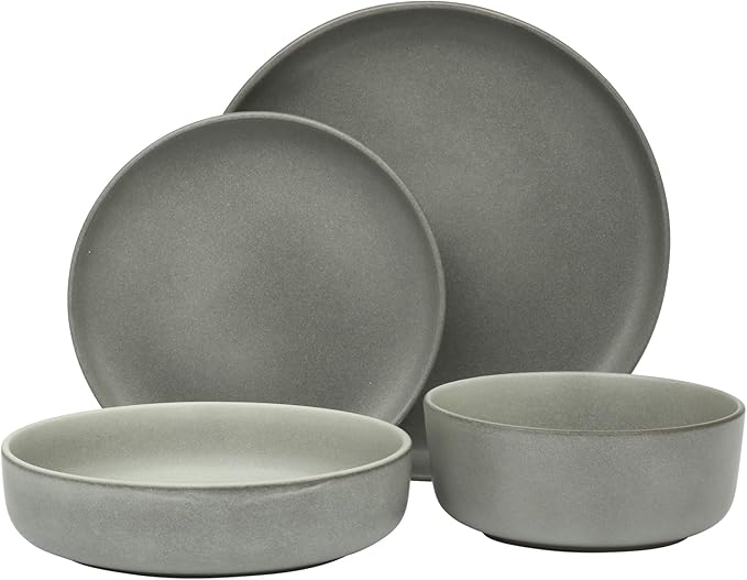 Gibson Elite Pasco 16 Piece (Service for 4) Plates and Bowls Double Bowl Reactive Glaze Dishes Stoneware Ceramic Dinnerware Set - Grey