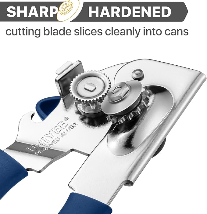 Can Opener Manual Heavy Duty, UHIYEE Hand Held Can Openers for Seniors with Comfort Grip Sharp Blade, Solid Steel Hand Manual Can Open with Magnet for Kitchen Camping, Blue