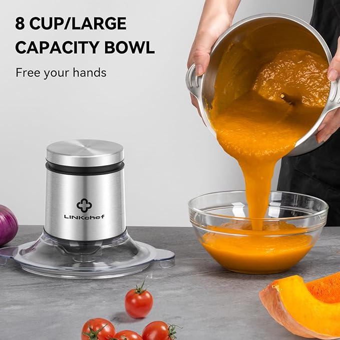 LINKChef Food Processor Small, 8 Cup Food Chopper with Container, 2L 600W Electric Meat Grinder for Home Use, Stainless Steel Mini Food Processor for Kitchen, Vegetable, Onion, Garlic, Salad