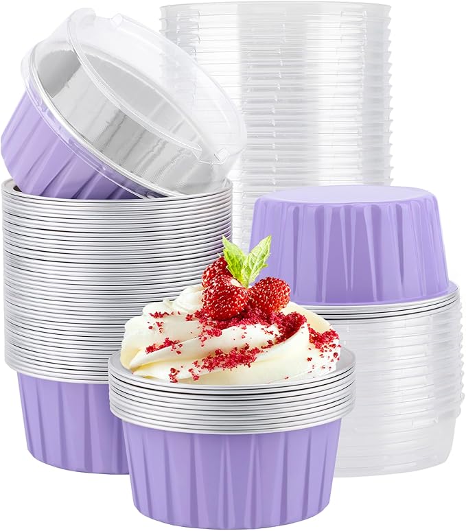 EUSOAR Aluminum Foil Baking Cups with Lids, Light Purple 50pcs 5oz Creme Brulee Ramekins Disposable, Muffin Liners Cups，Mini Cheesecake Foil Pans Dessert Containers with Lids for Party Favor Birthday