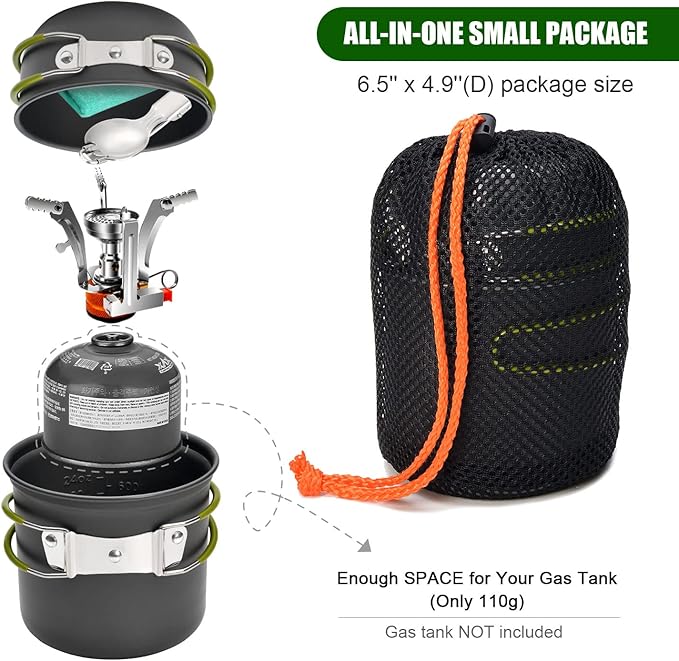Odoland 8pcs Camping Cookware Mess Kit, Camping Pot and Pan Set with Mini Backpacking Stove, Stainless Steel Cup, Spork and Tank Bracket, Cooking Gear for Outdoor, Hiking, Picnic, Campfire