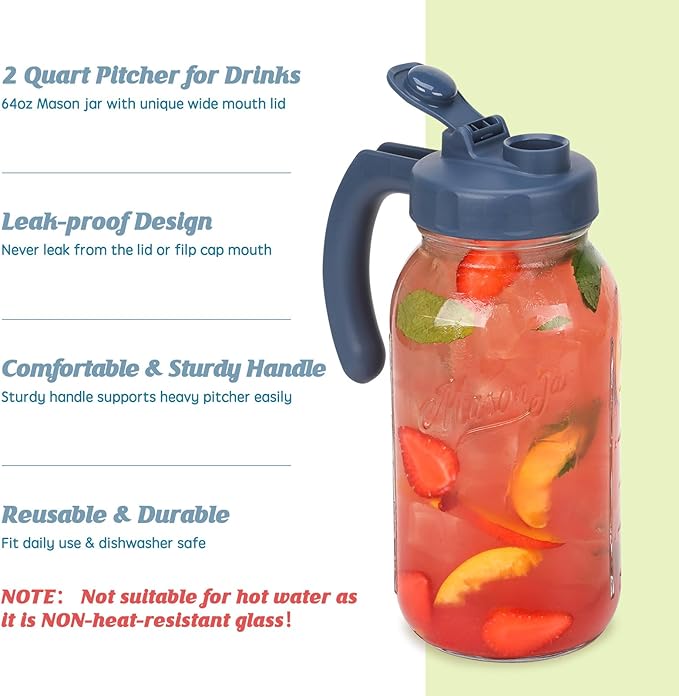 Soligt Glass Mason Jar Pitcher with Lid, Wide Mouth Flip Cap Pour Spout Leak-proof Lid with Handle, 64 oz (2 Quart / 1.9 Liter), for Sun Tea/Iced Tea/Juice/Cold Brew Coffee/Milk (1Pack, Hale Navy)