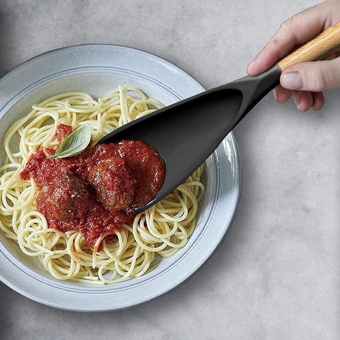 Cooking Spoon Set for Nonstick Cookingwares with Lengthed Wooden Handle, VOVOLY Silicone Spatula Spoon for Mixing, Scoop, and Scrape, Black, 13.4'', 2-Pack