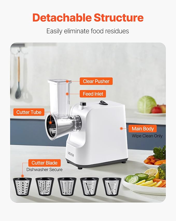VEVOR Electric Cheese Grater Salad Maker, 200W Salad Shooter, Electric Vegetable Slicer Shredder Chopper for Fruits with 5 Attachments, Stainless Steel Food Cutter for Vegetables, and Cheeses