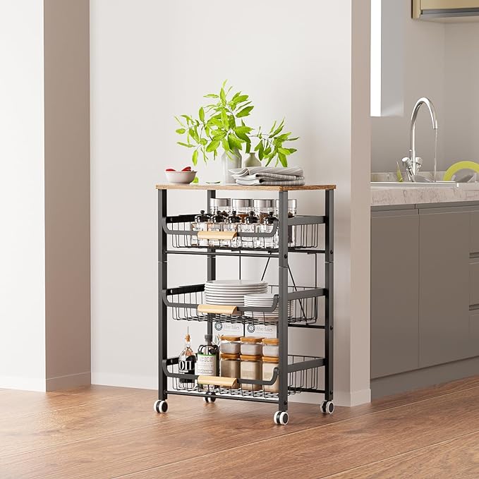 4-Layer Fruit Basket Kitchen Food Storage Organizer and Storage Rack, Stackable Storage cart with Desktop, Pull-Out Hollow Metal Storage Basket, liding Out Storage,White