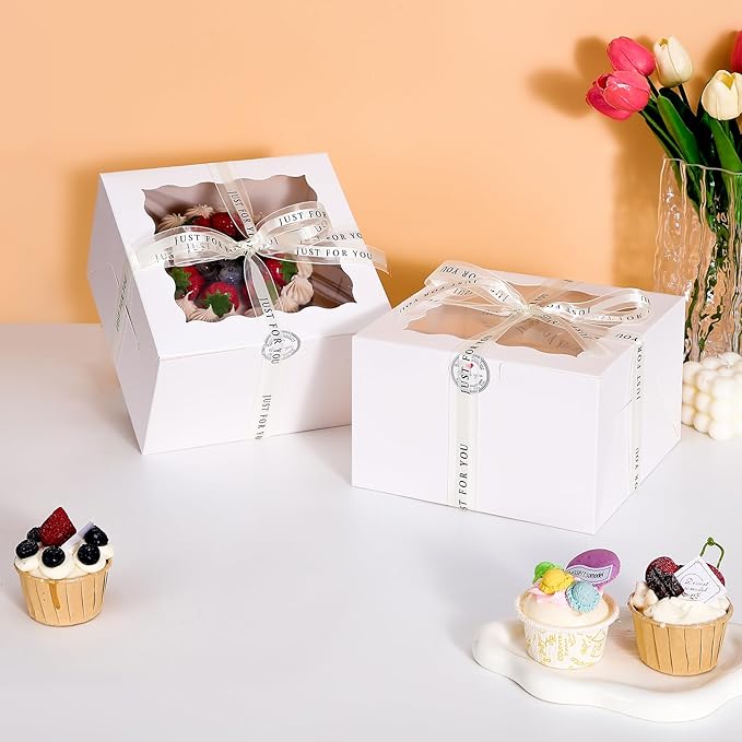 28 Pack Cake Boxes with Window, 10x10x5 Inches Bakery Containers, 10 Inch Cake Carrier, Disposable Bakery Boxes for Cake Cupcake Cookie Pie Pastry (White, 10105 inch/28pcs)