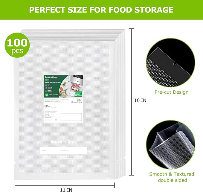 Bonsenkitchen Precut Vacuum Sealer Bags, 100 Gallon 11" x 16" Food Sealer Bags, Food Grade, BPA Free, Heavy Duty, Customized Vacuum Bags for Vac Storage, Meal Prep or Sous Vide Cooking, VB3214