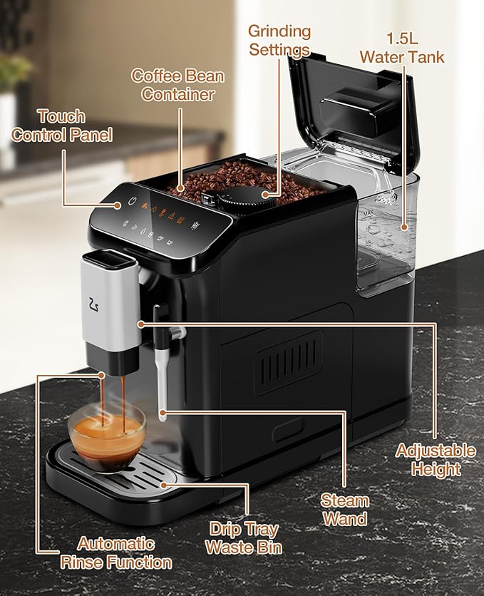 IDEALHOUSE Fully Automatic Espresso Machine with Grinder and Milk Frother, Touchscreen Coffee Maker, 20 Bar Pressure, 1.5L Water Tank, One-Touch Latte and Cappuccino