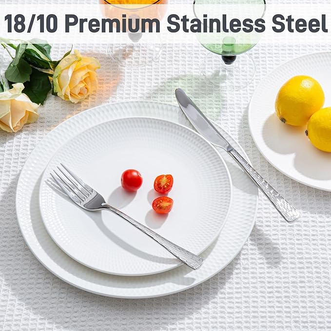 KINGSTONE Hammered Silverware Set, Flatware Set, 18/10 Stainless Steel Premium Cutlery with Unique Ripple Handles Design Mirror Polished - Dishwasher Safe (60-Piece)