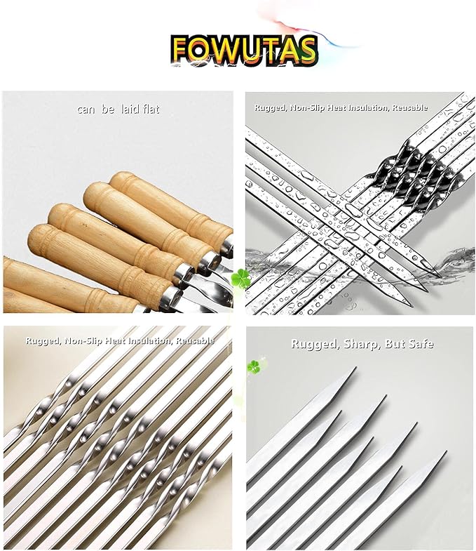 Large Size Kabob Skewers Flat Metal BBQ 22" Barbecue Skewer Wooden Handle Stainless Steel Shish Kabob Stick Wide Reusable Grilling Set Meat Shrimp Chicken Vegetable Kebab Fork Sausage-12PCS