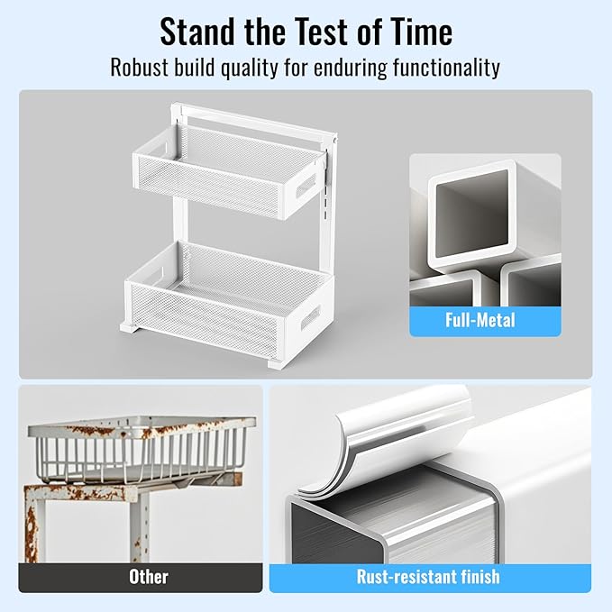 Full Metal Under Sink Organizer, Pull Out Cabinet Organizers and Storage, Silk-Smooth Sliding Drawer for Kitchen, Bathroom, Pantry, Cabinet, Closet (White, 2 Pack)