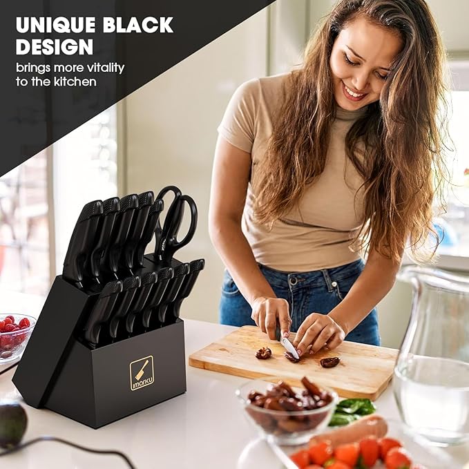 imarku Knife Set with Block, Sharp Knives Set with Built-in Sharpener, Stainless Steel Kitchen Knife Sets with Non-Slip Ergonomic Handle, Dishwasher Safe, 14 PCS Professional Knife Set for Gift, Black