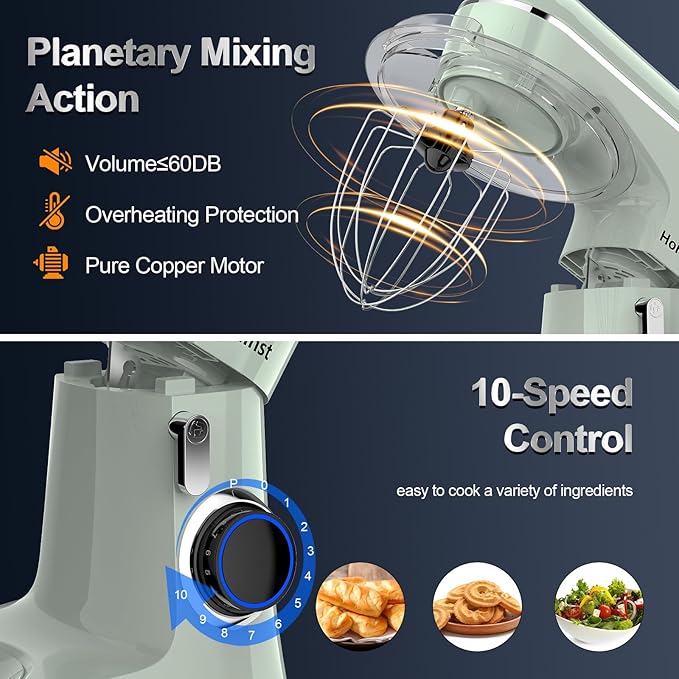 Stand Mixer, 6.5QT 10-Speed Tilt-Head Electric Stand Mixer, 3-In-1 Kitchen Mixer with Bowl, Dough Hook, Whisk and Beater, Food Mixer for Baking, Cake and Most Home Cooks, Green