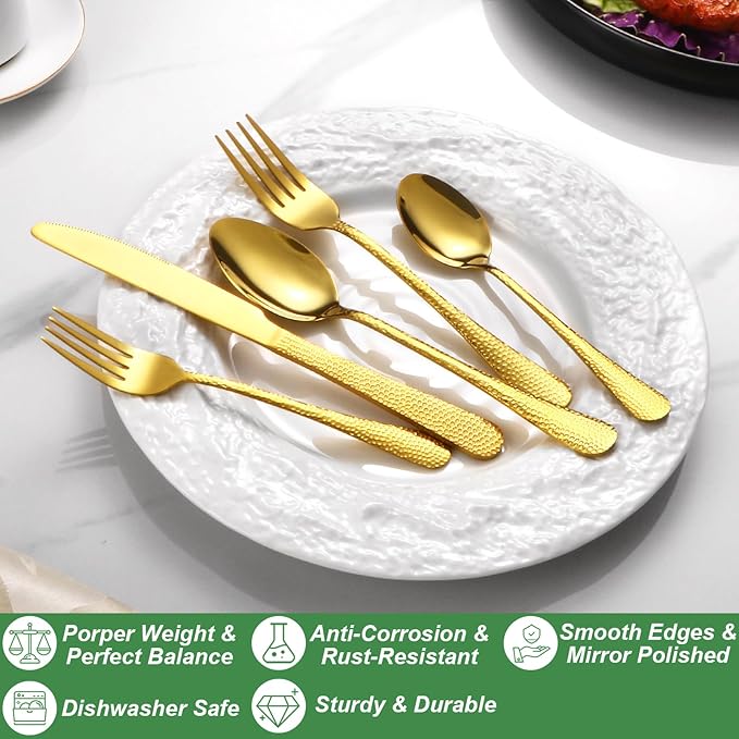 40 Pcs Gold Silverware Set for 8 with Hammered Design, Food Grade Stainless Steel Flatware Set, Eating Utensils Sets Include Fork/Knife/Spoon, Cutlery Set, Dishwasher Safe