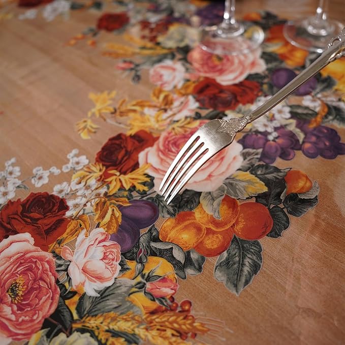 Clear Table Cover Protector Vinyl PVC Rectangle Table Cloth with Floral Fruit Pattern Oil Spill Proof Plastic Tablecloths for Dining Tables Parties Holidays (Floral Fruit, 52 x 70 Inches)