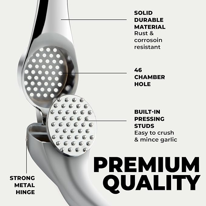 Zulay Kitchen Large Premium Garlic Press Set – Rust Proof & Dishwasher Safe, Bigger Bowl Garlic Mincer Tool with Silicone Garlic Peeler & Brush, Easy Squeeze & Clean, Ergonomic Handle - Chrome