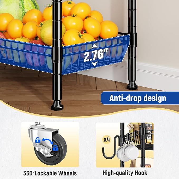 7 Tier Wire Shelving Unit with Wheels 72" H Adjustable Basket Shelf Storage Shelves with Hooks for Kitchen Bathroom Garage Closet Laundry Room Organization 72" H x 24" W x 14" D, Black