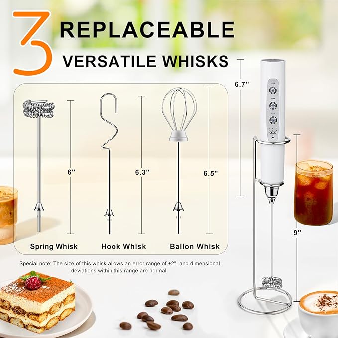 YUSWKO White Handheld Milk Frother Wand with Stand for Coffee, Rechargeable Electric Whisk with 3 Heads 3 Speeds Drink Mixer Coffee Frother For Latte, Cappuccino, Hot Chocolate, Egg