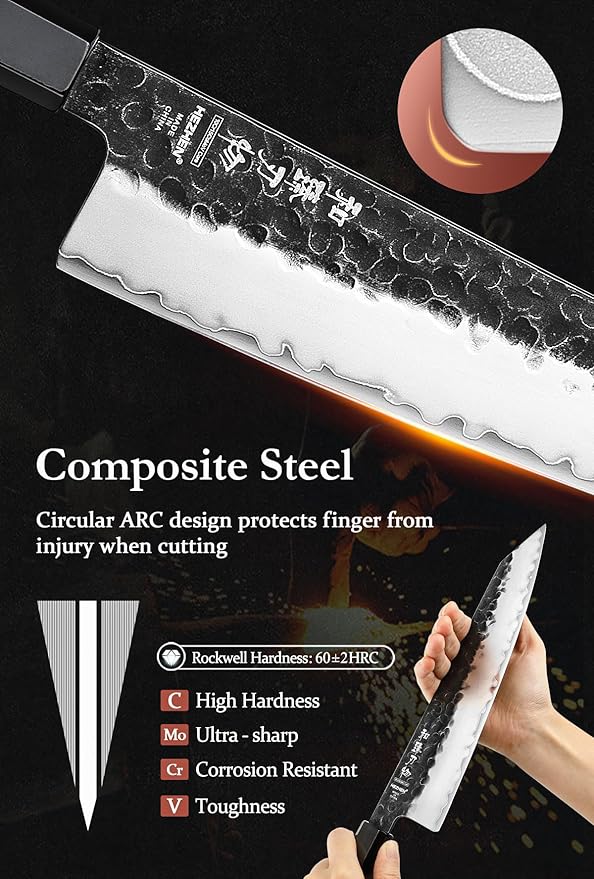 HEZHEN Kiritsuke Knife,9.5 Inches,3 Layers High Carbon Clad Steel Japanese Knife, Professionl Professional Japanese Kitchen Knife, Redwood Octagonal Handle