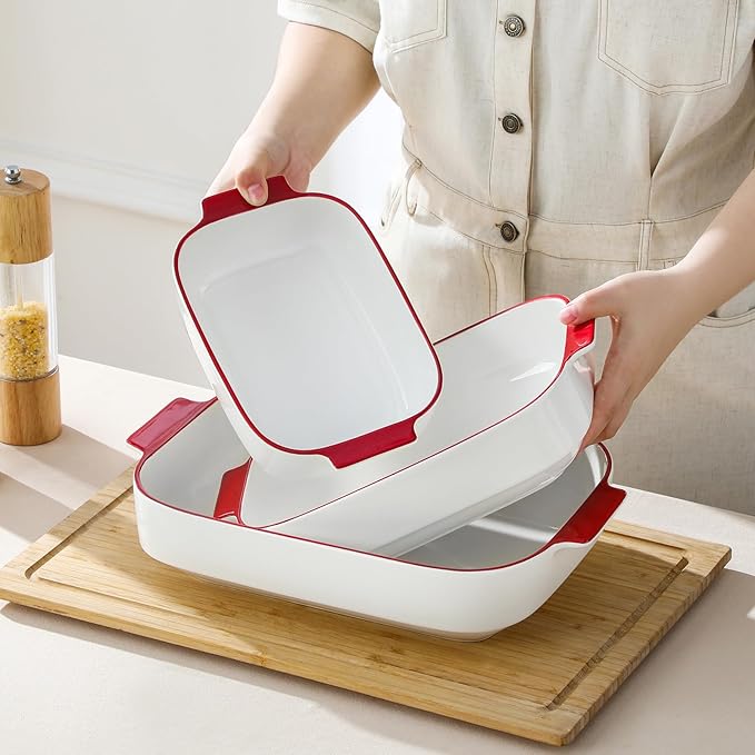 MALACASA Casserole Dishes for Oven, Ceramic Baking Dishes Set of 3, Rectangular Lasagna Pan Deep Baking Pans, Bakeware Sets with Handles Gift Set, White with Red Trim (13.8''/11.7''/9.4''), Series BAKE