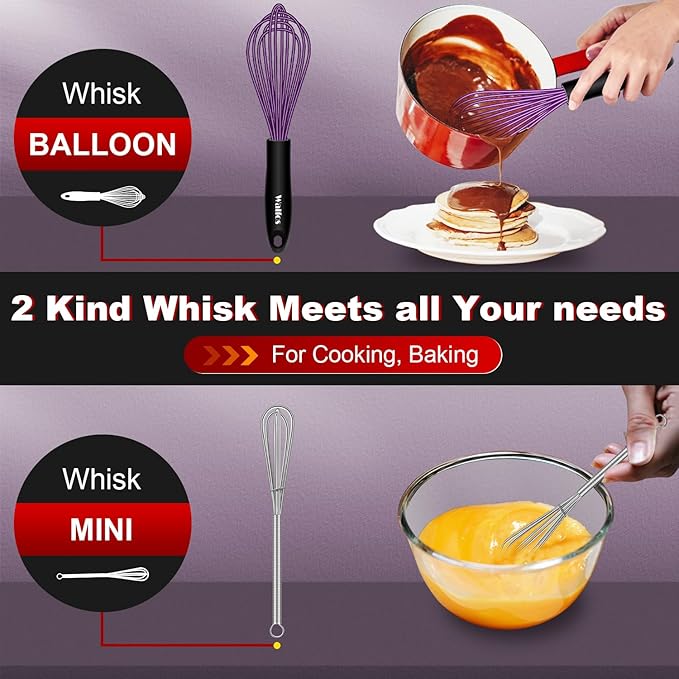 Walfos Whisk, Silicone Whisks Set of 5, Mini Stainless Steel Whisk 7+5in & Non Scratch Coated 7+9+11in Whisks, Suitable for Blending, Whisking, Beating, Frothing & Stirring. (Purple)