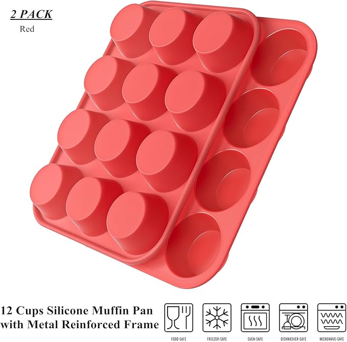 Bangp 12-Cup Silicone Muffin Pan with Metal Reinforced Frame,2 Pack Regular Size Cupcake Pan,Premium Non-Stick Bend Resistance Silicone Molds for Making Muffin,Cakes,Tart,Egg Bites (Red)