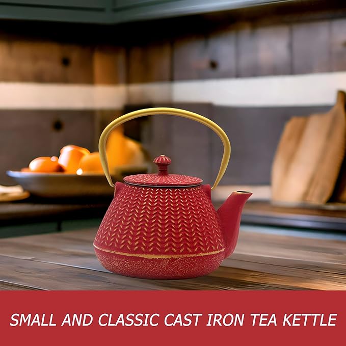 Small Cast Iron Tea Kettle for Stovetop Safe, Red Tea Pot Coated with Enameled Interior, Durable Teapot with Stainless Steel Infuser for Loose Leaf (1000ml/34oz)