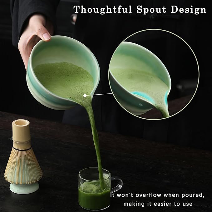 Japanese Matcha Set, Matcha Bowl with Spout, Matcha Whisk and Holder, Bamboo Matcha Scoop and Stainless Steel Sifter - 5 Pcs Gradient Green Matcha Kit for Matcha Lover