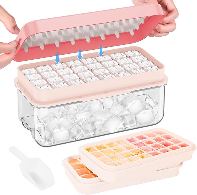 PHINOX Ice Cube Tray with Lid and Bin, Ice Trays for Freezer, Flexible Ice Cube Trays, Making 64 pcs Ice Cubes, Chilling Cocktail, Whiskey, Coffee, with 2 trays, Ice Container, Scoop&Cover, BPA Free