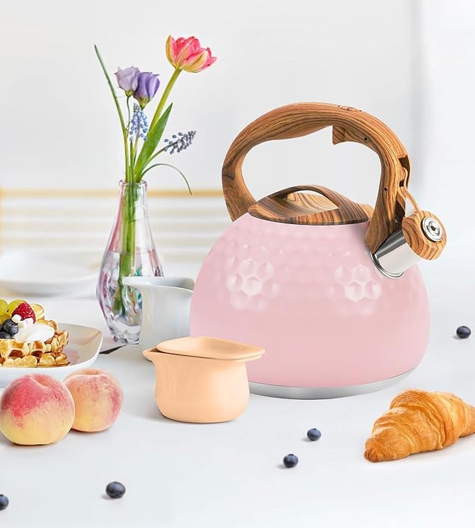 Whistling Tea Kettle,3.2Qt Stainless Steel Stove Kettle, Food Grade Teapot with Wood Pattern Handle for Coffee, Milk etc, Gas Electric Applicable (Pink)