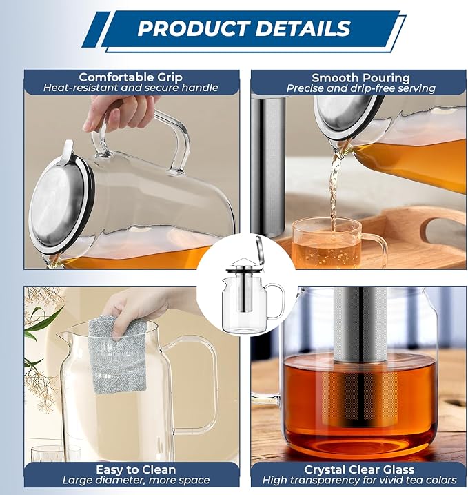 Aquach 85oz Glass Teapot with Stainless Steel Removable Infuser, Stovetop & Dishwasher Safe, Ideal for Brewing Loose Leaf & Blooming Tea