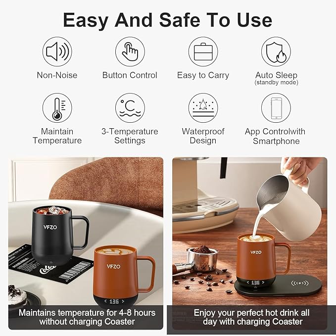 Temperature Control Smart Mug, Self Heating Coffee Mug LED Display, 180 Min Battery Life - Hot up to 149℉ Fast Wireless Charger Base Improved Design coffee serving sets (12oz, Orange)