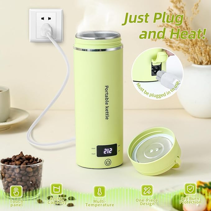 Travel Electric Kettle Portable Mini Kettle,Small Hot Water Boiler with 4 Temperature Settings,304 Stainless Steel,Fast Boiling Water with Auto Shut-Off and Boil Dry Protection,400ml (Green, 400ML)