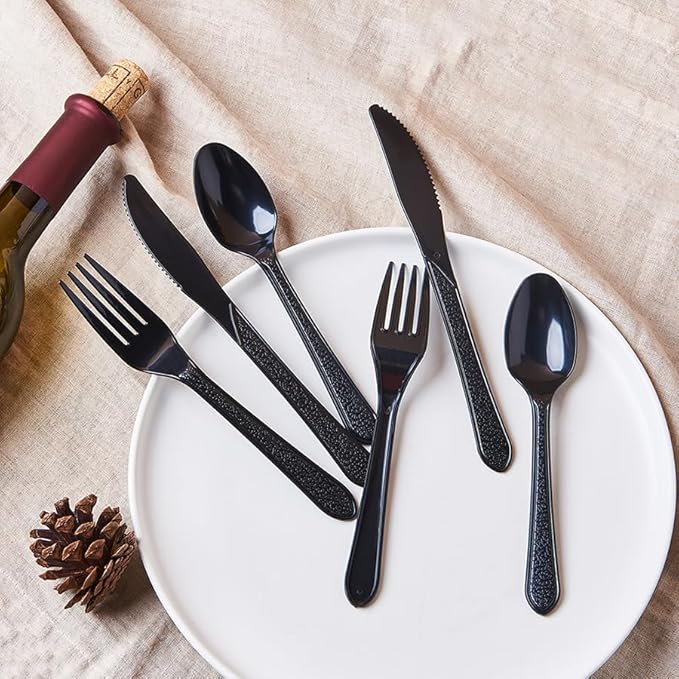 [300 Combo Box] Black Plastic Forks Spoons Knives Heavyweight Utensils Disposable Silverware Heavy Duty Cutlery Set