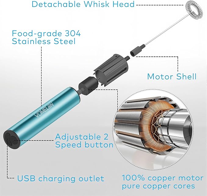 Rechargeable Milk Frother Handheld Electric Frother Wand Milk Foamer Drink Mixer for Coffee, Lattes, Cappuccino, and Egg, Stainless Steel for Travel-Light Blue
