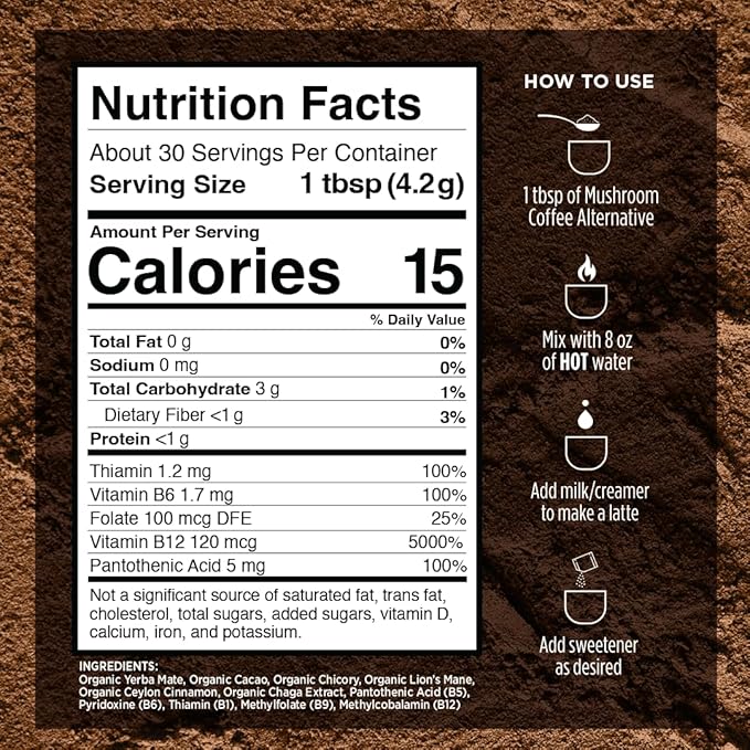VitaCup Mushroom Coffee Alternative Instant Drink Mix | Mushroom Coffee Substitute for Natural Energy & Focus | Lion’s Mane, Yerba Mate, & Chaga | Cacao, Cinnamon, & B Vitamins | 3 Bags, 90 Servings