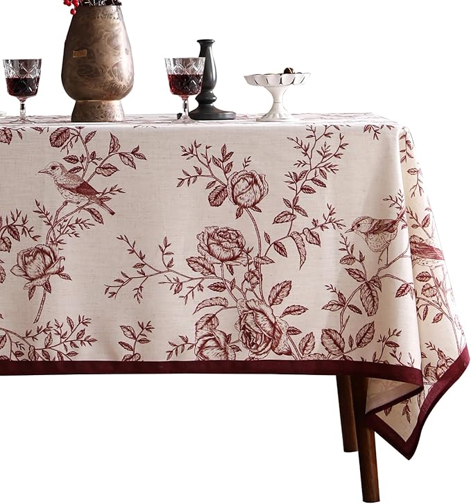 ISAENNE Designer Vintage Linen Square Tablecloth,Red Floral Pattern Linen Stain Resistant Table Cloth,Decor Tablecloths for Dining Thanksgiving Kitchen Christmas Party,67"*67"-Harmony